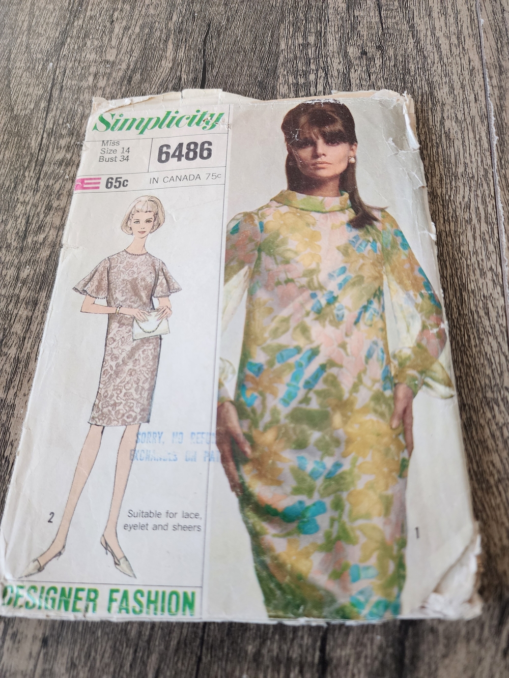 1966 Simplicity 6486 Vintage Dress Sewing Pattern Size 14 Bust 34 Incomplete